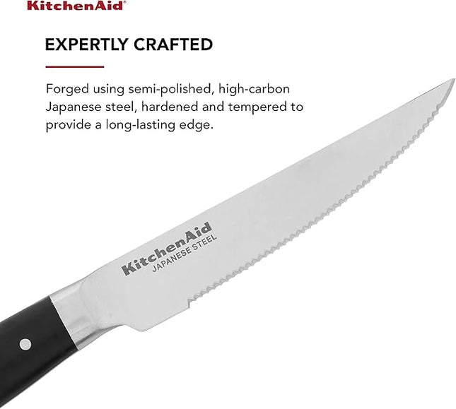 KitchenAid Gourmet 4 Piece Forged Triple Rivet Steak Knife Set, High Carbon Japanese Steel, Sharp Kitchen Knife Set, 4.5 inch, Black