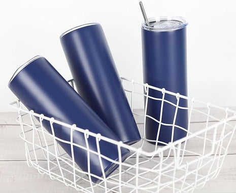 8 Pack 20 Oz Stainless Steel Straight Skinny Tumblers, Insulated Slim Thin Travel Cup Set for DIY, Navy