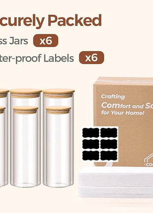 ComSaf Glass Food Storage Jars Set of 6, Tall Glass Storage Containers with Lids, Spaghetti Jar, Canisters Set for the kitchen, Pasta, Flour, Nuts, Oat, Coffee and Sugar Container, Pantry Organization