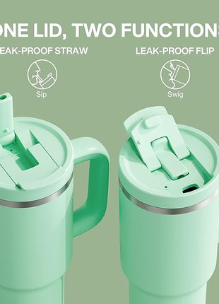 40 oz Tumbler with Handle and Straw: Stainless Steel Insulated Tumbler Keeps Cold for 24 Hours, Leakproof Travel Cup Fits in Cup Holder and BPA-Free,Brook Green