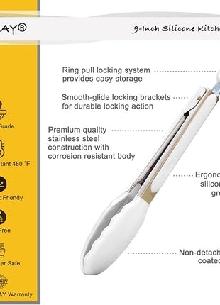 Silicone Kitchen Tongs 9-Inch Stainless Steel Basics Tongs with Non-Stick Silicone Tips, Set of 3 (White)