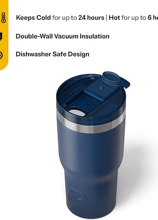RTIC 20oz Essential Tumbler with Lid, Ceramic Lined, Insulated, Stainless Steel, Metal, Double Wall Vacuum-Insulation, Travel Cup for Iced Coffee, Tea, Hot and Cold Drink, Navy