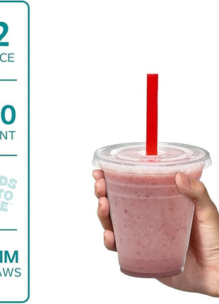 GUSTO [12 oz. - 100 Count Clear Cups with Flat Lids & Straws - Disposable Clear Drinking Cups for Iced Coffee, Cold Drinks, Milkshakes, and Smoothies - Formerly Comfy Package
