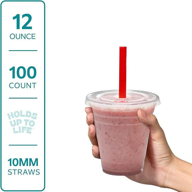 GUSTO [12 oz. - 100 Count Clear Cups with Flat Lids & Straws - Disposable Clear Drinking Cups for Iced Coffee, Cold Drinks, Milkshakes, and Smoothies - Formerly Comfy Package