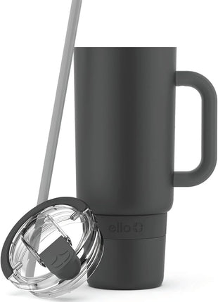 Ello Port 40oz Tumbler with Carry Loop & Integrated Handle, Vacuum Insulated Stainless Steel Reusable Water Bottle, Travel Mug with Leak Proof Lid and Straw, Perfect for Iced Coffee and Tea, Black