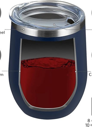 MEWAY 12oz/4 Pack Wine Tumbler Glasses with Lid - Stemless Double Wall Vacuum Stainless Steel Travel Tumbler - Keeping Cold & Hot for Wine,Coffee,Cocktails,Drinks-Family and Gifts (Navy,Set of 4)