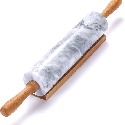 17 Inch Marble Rolling Pin with Wooden Handles & Wood Cradle, Dough Roller for Baking Pizza, Pies, Pastries, Pasta, Cookies