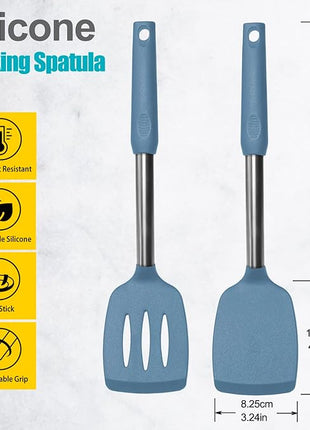 2 Pack Spatulas, Solid & Slotted Silicone Spatula Set, Stainless Steel Handle Coated with Silicone, Non Stick, Heat Resistant Rubber Flipper for Fish, Eggs, Pancakes, WOK, Starry Blue