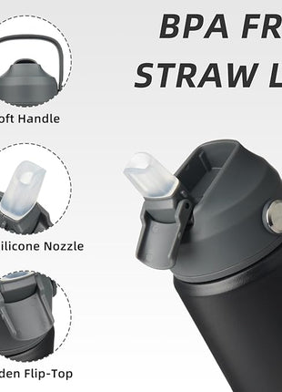 BJPKPK Insulated Water Bottle with Straw Lid, 18oz Thermo Water Bottles with Soft Nozzle, Flex Handle & Non-slip Boot, BPA Free Leak Proof Stainless Steel Metal Thermo, Tumblers, Cups,Black