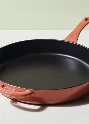 Ayesha Curry Kitchenware Enameled Cast Iron Skillet/Frying Pan with Helper Handle and Pour Spouts, 12 Inch - Redwood Red