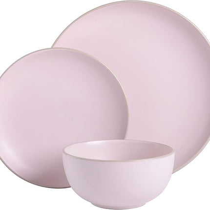 Gibson Home Rockaway 12-Piece Round Stoneware Dinnerware Set, Service for 4 – Pink Plates and Bowls, Modern Matte Finish, Microwave & Dishwasher Safe