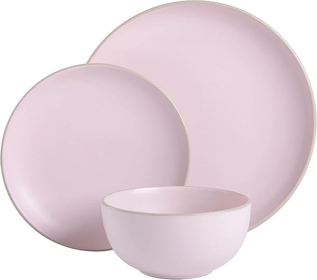 Gibson Home Rockaway 12-Piece Round Stoneware Dinnerware Set, Service for 4 – Pink Plates and Bowls, Modern Matte Finish, Microwave & Dishwasher Safe