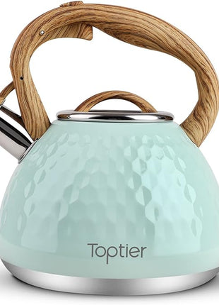 Tea Kettle, Toptier Teapot Whistling Kettle with Wood Pattern Handle Loud Whistle, Food Grade Stainless Steel Tea Pot for Stovetops Induction Diamond Design Water Kettle, 2.7-Quart Light Green
