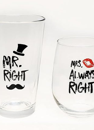 Funny Mr. Right and Mrs. Always Right Novelty Wine Glass and Beer Glass | Includes Fun, Stylish Gift Box | For Weddings, Engagement, Newlywed, Bachelorette, Anniversary, Couples Gifts