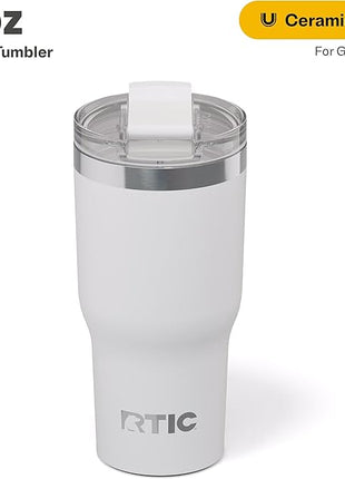RTIC 20oz Essential Tumbler with Lid, Ceramic Lined, Insulated, Stainless Steel, Metal, Double Wall Vacuum-Insulation, Travel Cup for Iced Coffee, Tea, Hot and Cold Drink, White