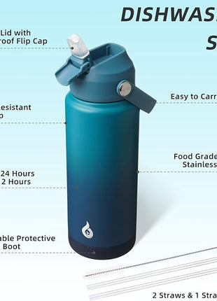 BJPKPK Water Bottle with Straw Lid, 24oz Vacuum Insulated Water Bottles, Metal Stainless Steel Thermo for Sports, Travel, BPA Free Leak Proof Thermo, Cups, Flasks, Tumblers,Vast