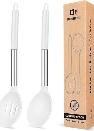 Pack of 2 Large Silicone Cooking Spoons,Non Stick Solid Basting Spoon,Heat-Resistant Kitchen Utensils for Mixing,Serving,Draining,Stirring (WHITE)