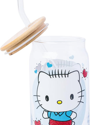 Silver Buffalo Sanrio Hello Kitty and Friends Featuring Dear Daniel 2 Pack Glass Jar Tumbler with Bamboo Lid and Glass Straw, 16 Ounces