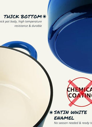 Overmont Enameled Cast Iron Dutch Oven - 4.5QT Pot with Lid Cookbook & Cotton Potholders - Heavy-Duty Cookware for Braising, Stews, Roasting, Bread Baking blue