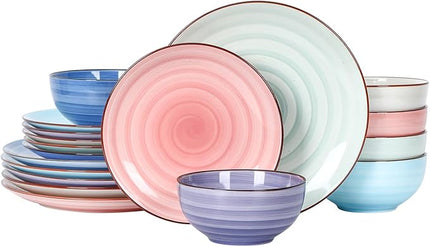 Selamica Ceramic Dinnerware Sets for 6, 18 Pieces Plates and Bowls Set, Scratch Resistant Dishes Set, Handpainted Swirl with Spot Dishwasher & Microwave Safe, Gradient Color