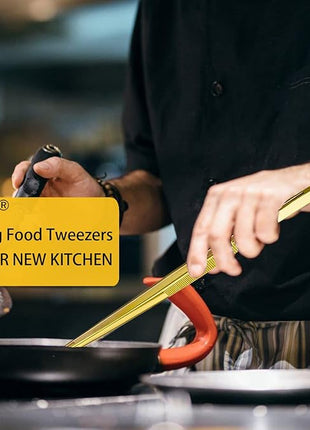 JETKONG 2 Pcs 12-Inch Cooking Tweezers Stainless Steel Food Tweezers Kitchen Tweezer Tongs (Gold)