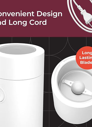 MuellerLiving Electric Coffee Grinder for Spice, Nut, Herbs and Coffee Beans, Sharp Blade, Stainless Steel - White