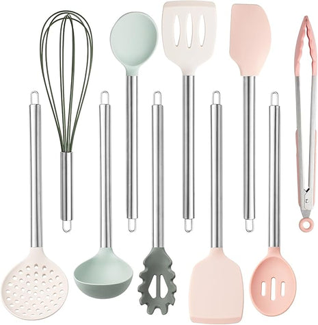 COOK WITH COLOR Silicone Cooking Utensils, Kitchen Utensil Set, Easy to Clean Silicone Kitchen Utensils, Cooking Utensils for Nonstick Cookware, Kitchen Gadgets Set, 10 Pieces, Mint