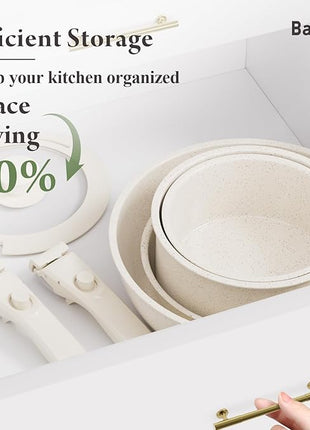 Ceramic Nonstick Cookware Set, Healthy,Non Toxic,17-Pieces Pots and Pans Set Removable Handles,Induction RV Kitchen Set,Stain & Scratch-resistant,Dishwasher/Oven Safe,PFAS/PFOA Free,Cream White