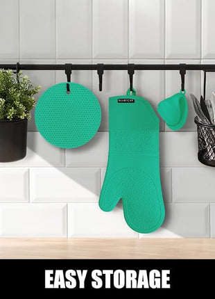 Rorecay 6pcs Oven Mitts and Pot Holders Sets Heat Resistant 500 Degrees, Non-Slip Silicone Hot Pads Potholders for Kitchen Baking Cooking, Extra Long Oven Gloves Quilted Liner, Jungle