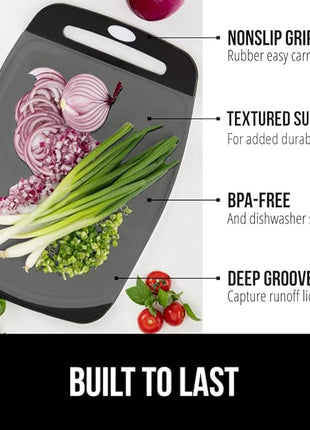 GORILLA GRIP BPA-Free Reversible Kitchen Cutting Board Set of 3, US Designed, Nonporous, Juice Grooves Catch Liquid, Slip Resistant Border, Dishwasher Safe, Durable Food Chopping Boards, Black Gray