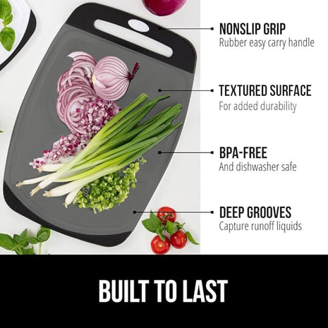 GORILLA GRIP BPA-Free Reversible Kitchen Cutting Board Set of 3, US Designed, Nonporous, Juice Grooves Catch Liquid, Slip Resistant Border, Dishwasher Safe, Durable Food Chopping Boards, Black Gray