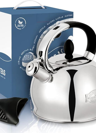 SUSTEAS Stove Top Whistling Tea Kettle - Food Grade Stainless Steel Teakettle Teapot with Cool Touch Ergonomic Handle, With 1 Silicone Pinch Mitt Included,2.64 Quart(SILVER)