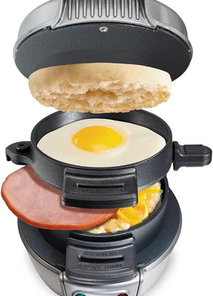 Hamilton Beach Breakfast Sandwich Maker with Egg Cooker Ring, Customize Ingredients, Perfect for English Muffins, Croissants, Mini Waffles, Perfect White Elephant Gifts, Silver (25475)