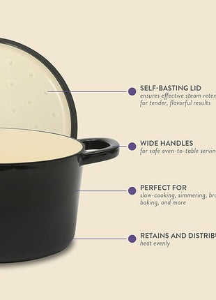 Crock Pot Artisan 7-Quart Round Cast Iron Dutch Oven with Lid – Black Enamel Finish, Gold Knob, Durable Heavy-Duty Cookware for Slow Cooking, Baking, and Roasting