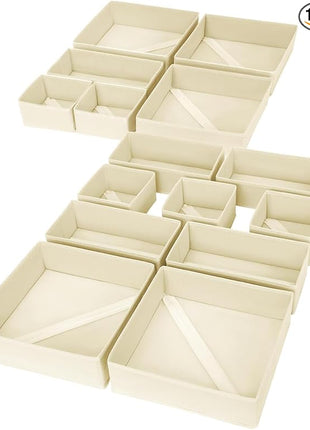 DIMJ Drawer Organizer Clothes, 15 Pack Dresser Organizer, Foldable Closet Organizers and Storage, Fabric Dresser Bins, Drawer Dividers for Nursery, Baby Clothes, Underwears, Sock (Beige)