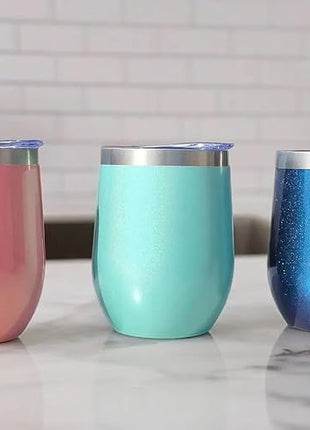 CHILLOUT LIFE 12 oz Stainless Steel Wine Tumbler with Lid - Double Wall Vacuum Insulated Wine Cup Glass Keeping Cold & Hot for Coffee, Champagne, Cocktails, Ice Cream - Blue Sparkle