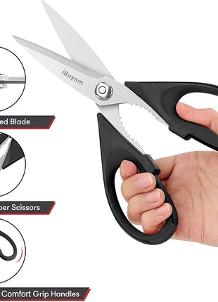 iBayam Black Kitchen Scissors - Heavy Duty Meat & Poultry Shears, Dishwasher Safe Stainless Steel Utility Scissors, 2-Pack Black Kitchen Utensils Set for New Home Essentials