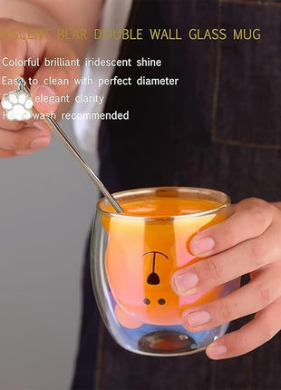 Cute Mugs Double Wall Glass Coffee Glass Cup Kawaii Bear Tea Milk Cup Funny Mug Animal Mug Aesthetic Cup for Office and Personal Birthday Gift (Iridescent Bear)