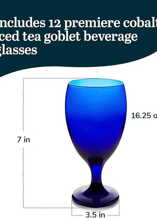 Libbey Premiere Cobalt Iced Tea Glasses, Stylish Cobalt Blue Drinking Glasses Set of 12, Dishwasher Safe Stemmed Water Goblets for Parties and More