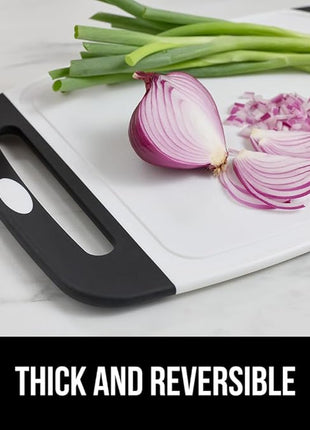 GORILLA GRIP BPA-Free Reversible Kitchen Cutting Board Set of 3, US Designed, Nonporous, Juice Grooves Catch Liquid, Slip Resistant Border, Dishwasher Safe Large Food Chopping Boards, Black Aqua Gray