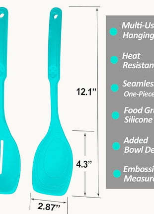 2 Pack Large Silicone Cooking Spoons set, Non-Stick Slotted/Solid Spoon set with Deep Bolw& Measurement Mark for Mixing, Serving, Draining, Scooping, Scraping, Heat Resistant Kitchen Utensils,Teal