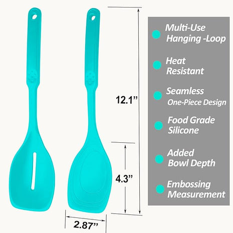2 Pack Large Silicone Cooking Spoons set, Non-Stick Slotted/Solid Spoon set with Deep Bolw& Measurement Mark for Mixing, Serving, Draining, Scooping, Scraping, Heat Resistant Kitchen Utensils,Teal