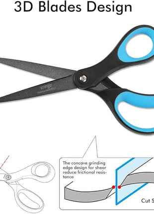 LIVINGO 2 Pack 8" Titanium Non-Stick Scissors, Professional Stainless Steel Comfort Grip, All-Purpose, Straight Office Craft Scissors for DIY(Blue/Black)