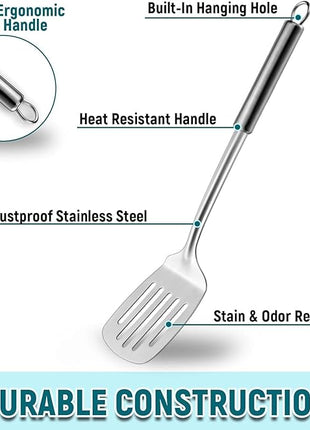 Pleafind 2-Pcs Solid & Slotted Spatula Set, 304 Stainless Steel Spatula, Metal Spatulas, Wok Utensils, Cooking Utensils, Wok Spatulas for Home, Kitchen and Restaurant, Dishwasher Safe