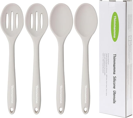 Slotted Solid Silicone Spoons Set for Cooking Dishwasher Safe, Heat Resistant White BPA Free Nonstick Kitchen Serving Spoon Mixing Spoons Basting Spoon Stirring