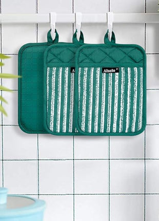 Silicone Pot Holders Set of 3 Heat Resistant & Non Slip Potholders, Professional Oven Hot Pads with Pockets Mitts for Kitchen Cooking Baking Barbecue (Emerald Green, 3)