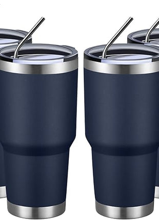 MEWAY 30oz Insulated Tumbler With Lids and Straws,Stainless Steel Double Vacuum Coffee Tumbler Cup, Brush, Durable Powder Coated Coffee Cup for Cold & Hot Drinks, Office, Travel(Navy,4 PACK)