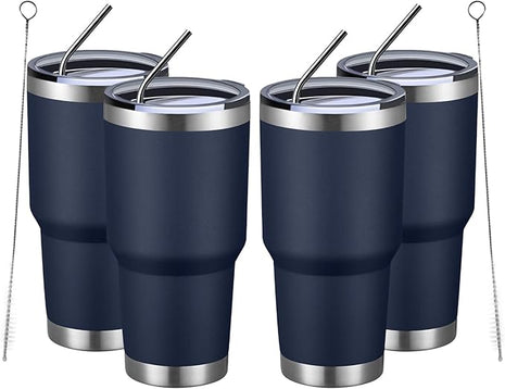 MEWAY 30oz Insulated Tumbler With Lids and Straws,Stainless Steel Double Vacuum Coffee Tumbler Cup, Brush, Durable Powder Coated Coffee Cup for Cold & Hot Drinks, Office, Travel(Navy,4 PACK)