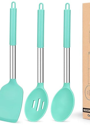 Pack of 4 Silicone Cooking Utensils Set, Non Stick Large Solid Spatulas, Heat Resistant Blue Slotted Spoons, Ideal BPA Free Kitchen Turners for Frying, Mixing,Serving,Draining,Turning,Stirring
