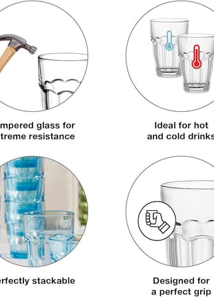 Bormioli Rocco Rock Bar Stackable Beverage, Set Of 6 Dishwasher Safe Drinking Glasses For Soda, Juice, Milk, Coke, Beer, Spirits – 12.5oz Durable Tempered Glass Water Tumblers For Daily Use